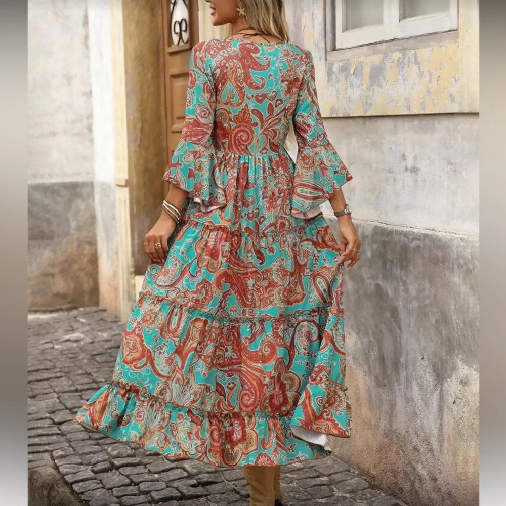 Boho floral paisley print maxi dress